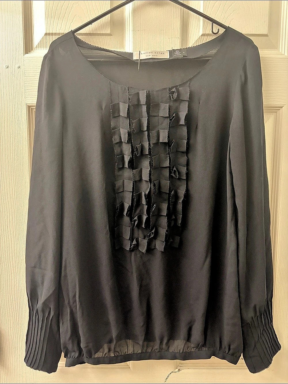 Charles Nolan Silk Ruffle Blouse in Black Size Small Like New
